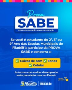 Prefeitura de Filadélfia realizará Prova SABE para estudantes das Escolas Municipais