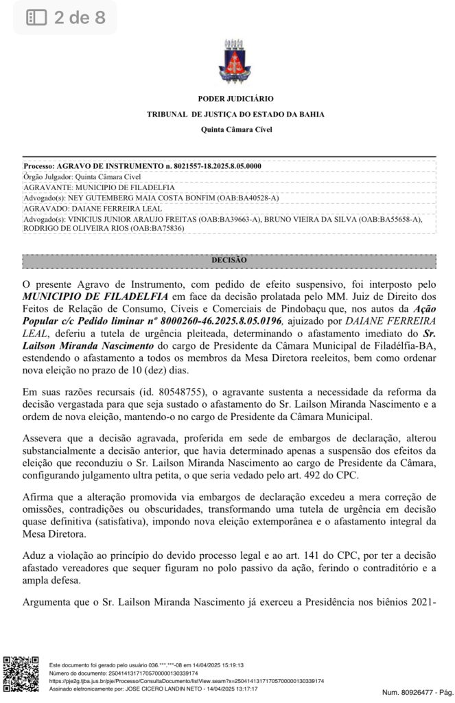 Nova decisão confirma Lailson da Aroeira na presidência da Câmara de Vereadores de Filadélfia.