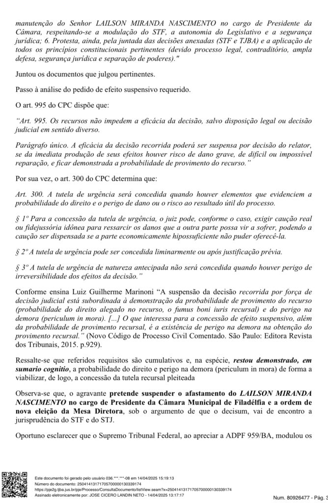 Nova decisão confirma Lailson da Aroeira na presidência da Câmara de Vereadores de Filadélfia.