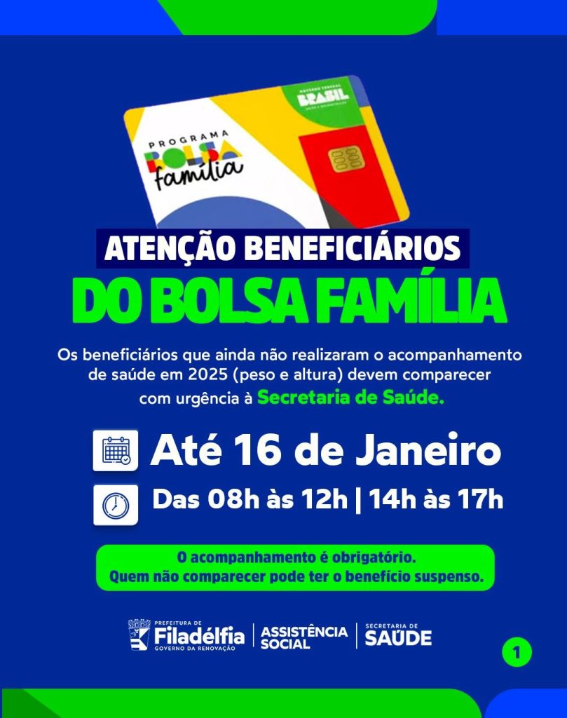 Prefeitura de Filadélfia convoca beneficiários do Bolsa Família para atualização obrigatória.