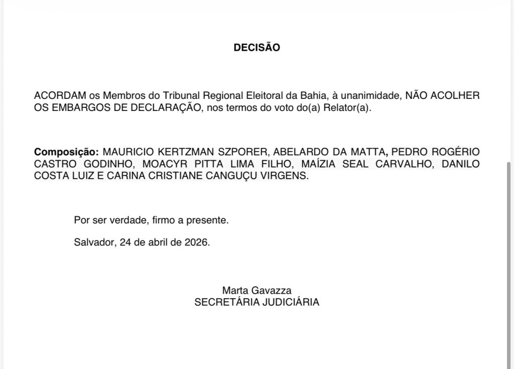 TRE-BA rejeita por unanimidade embargos de Barbosa Júnior em novo julgamento.