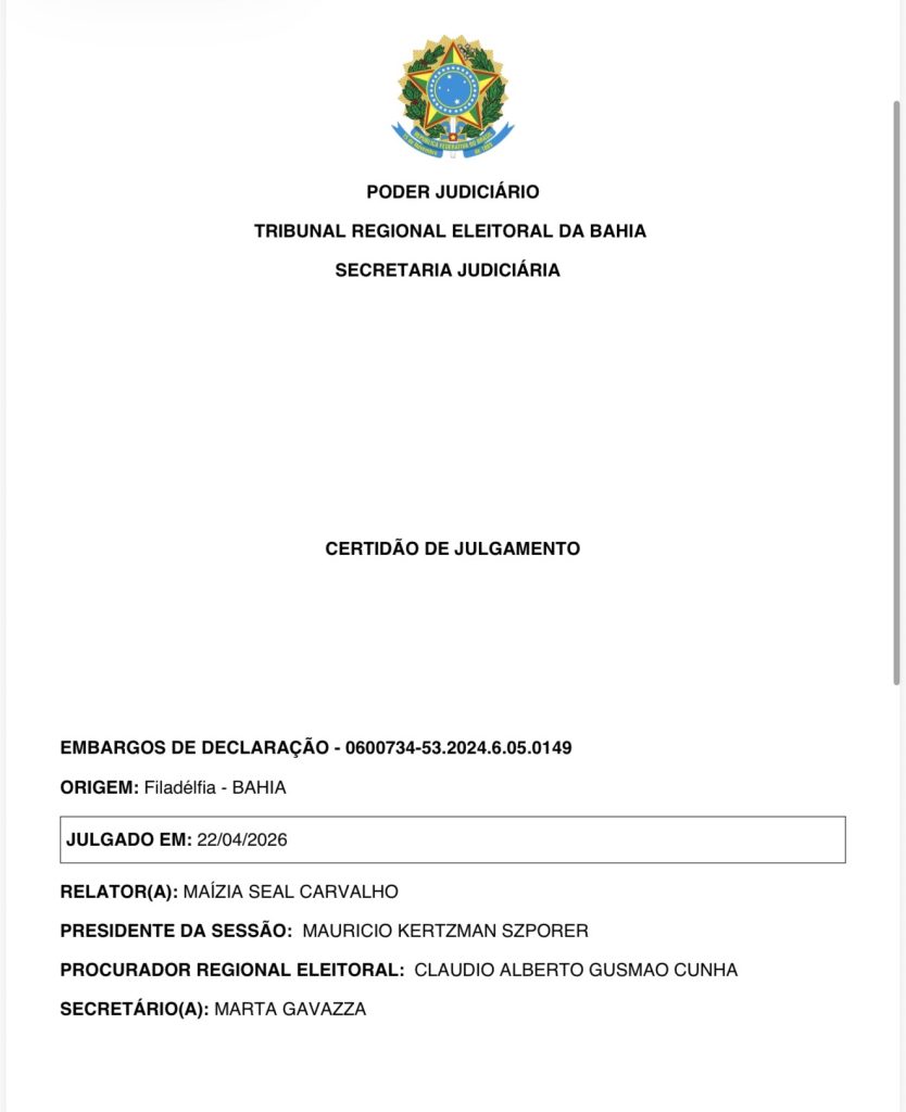 TRE-BA rejeita por unanimidade embargos de Barbosa Júnior em novo julgamento.