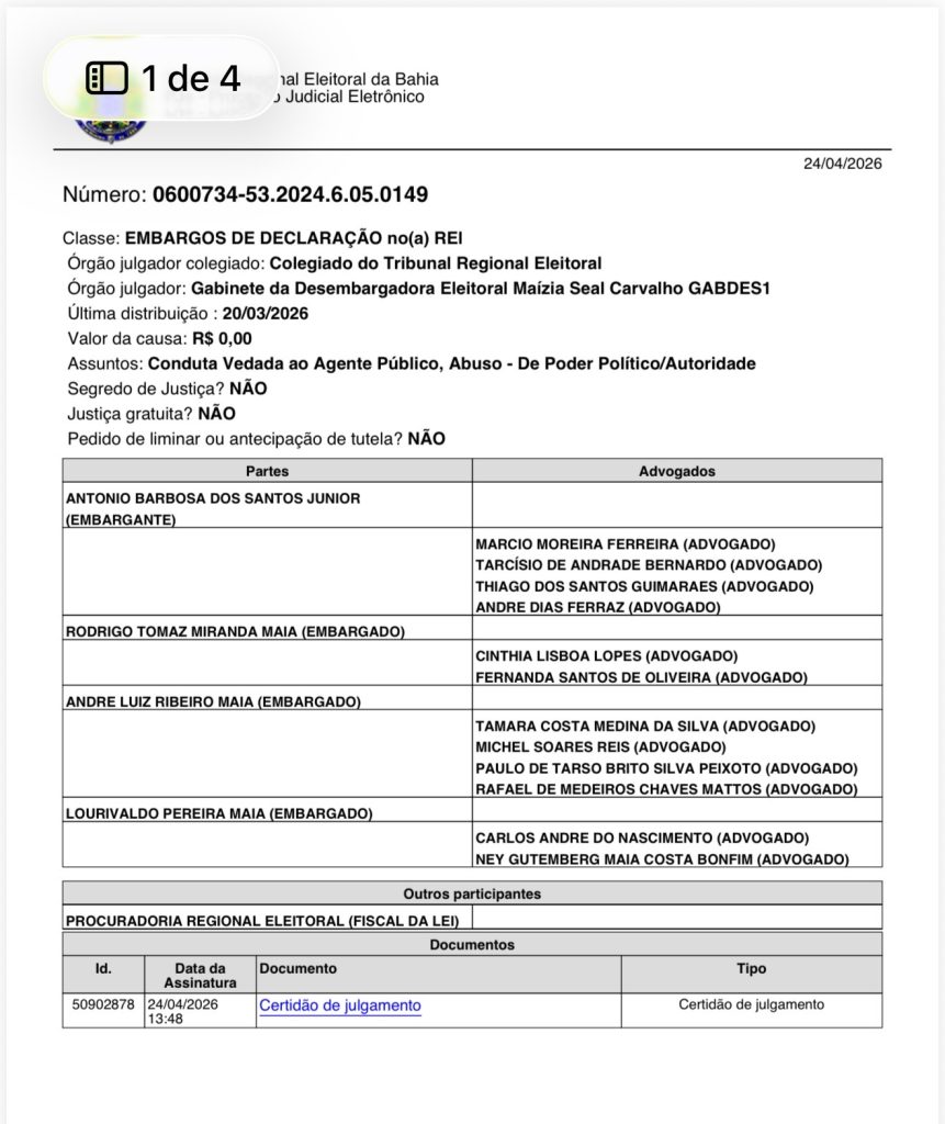 TRE-BA rejeita por unanimidade embargos de Barbosa Júnior em novo julgamento.