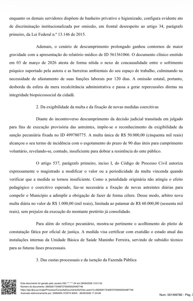 Município de Campo Formoso é multado em R$ 50.000,00 após descumprir decisão judicial que determinava adaptação de banheiro para servidora com deficiência.